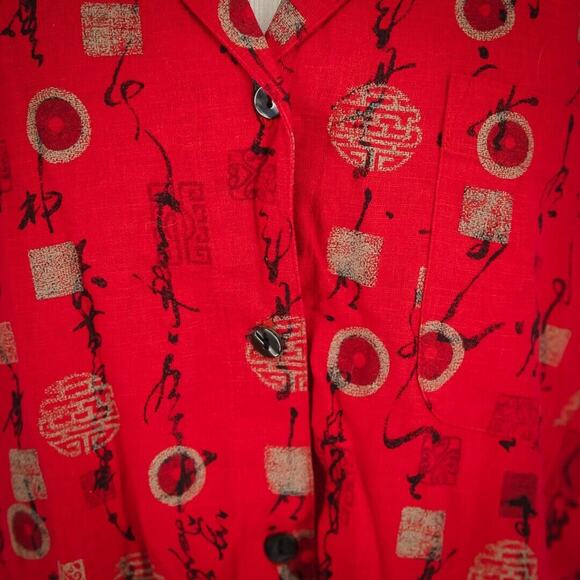 Chico's 3 Size XL Red Asian Print Symbols Print Button Down Linen Blend Top - Picture 2 of 5